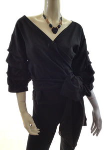 Wrap Blouse with V-Neck Bubble Sleeves