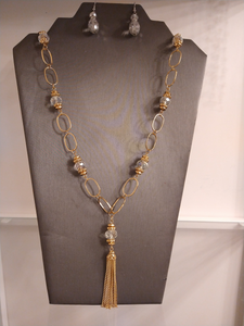 Gold Tone Crystal Ball Tassle Necklace & Earring Set