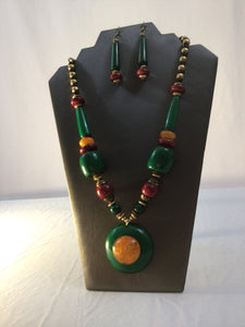 African Large Beaded Medallion Necklace & Long Earring Set
