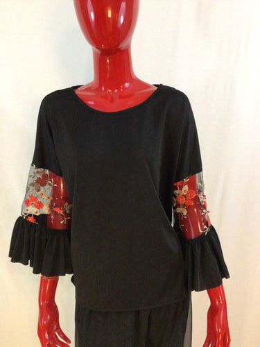Black Blouse Accented Red Floral Pearl Sleeves