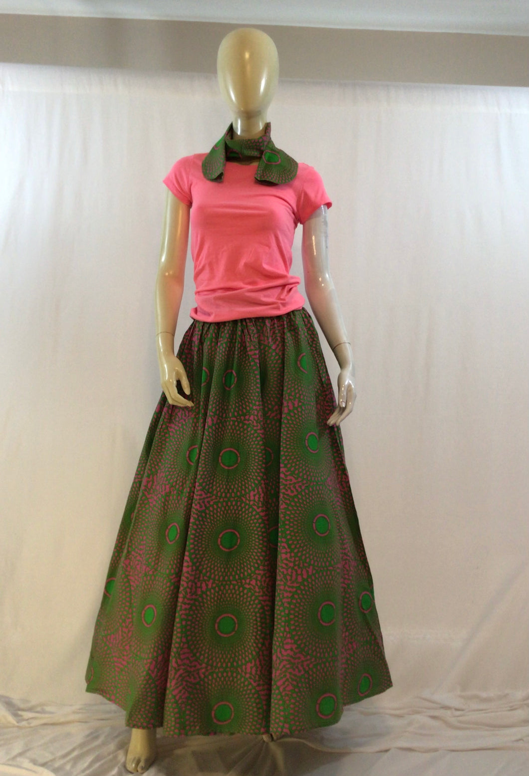 African Print Maxi Pink & Green Skirt w/Bandana Scarf