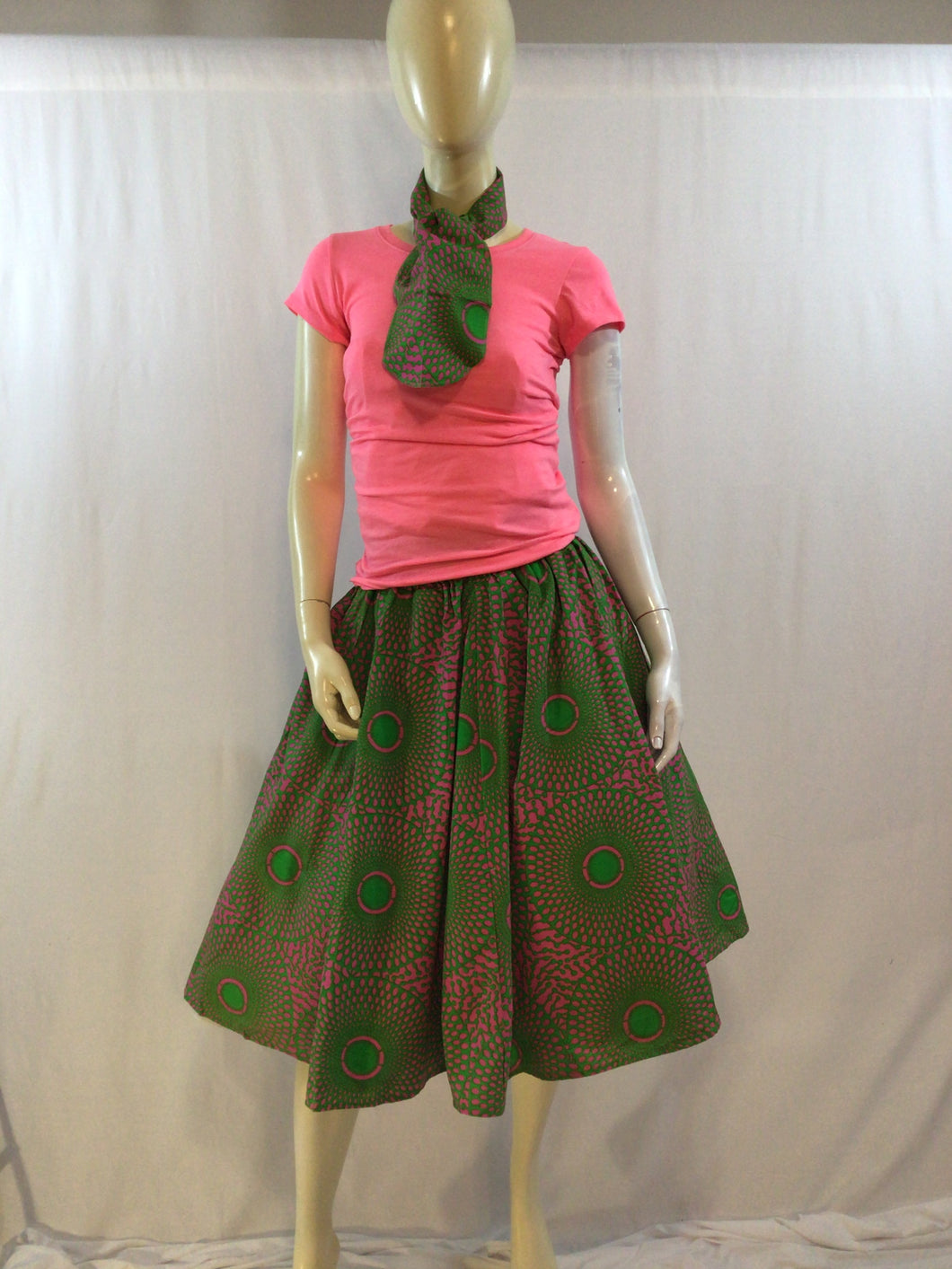 African Design Green & Pink Short Skirt with Tie/Bandana