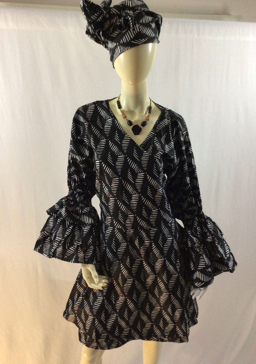 African Print Black & White Bell Sleeve Wrap Dress with Head Piece Scarf