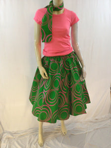 African Print Green & Pink Wide Circle Design Short Skirt w/ Bandana Scarf