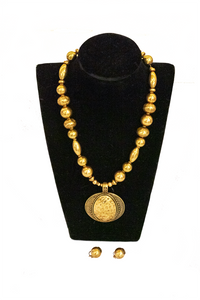 Gold Tone Brass Medallion Necklace & Earring Set
