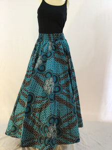 African Maxi Full Skirt Blue Mosaic Design with Bandana Scarf