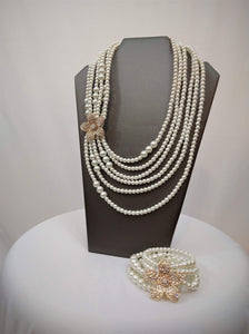 Six Strand Pearl Necklace Flower Design with Bracelet