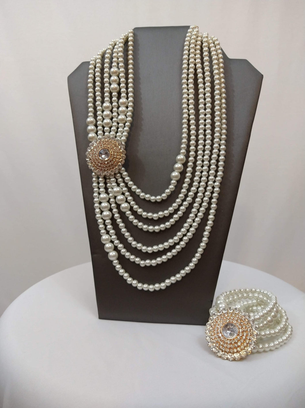 Six Strand Pearl Necklace Medallion & Bracelet Set
